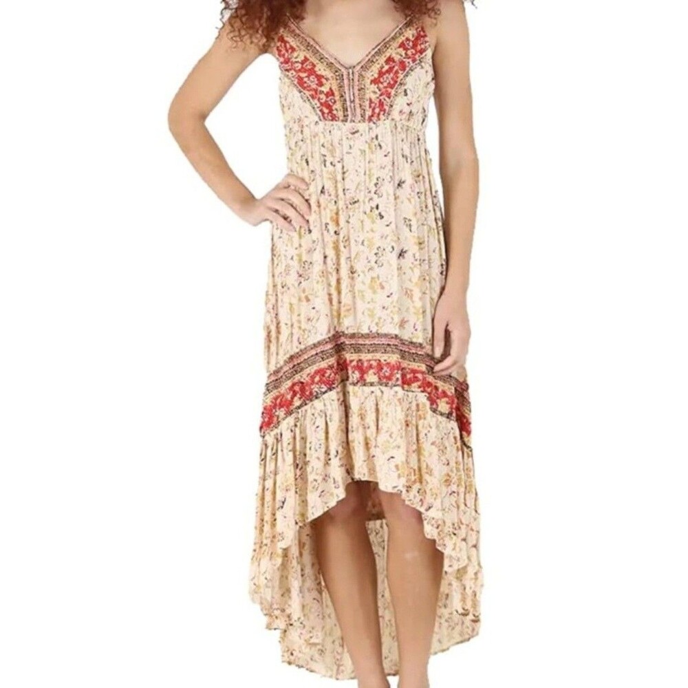 Angie Floral Hi-Low VNeck Strappy Sundress size Small Cream Red Adjustable Boho